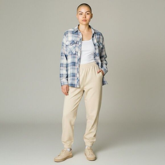 Cloth & Stone Anthropologie Plaid Button Front Shirt Women’s M Blue Cotton Soft - Picture 2 of 15